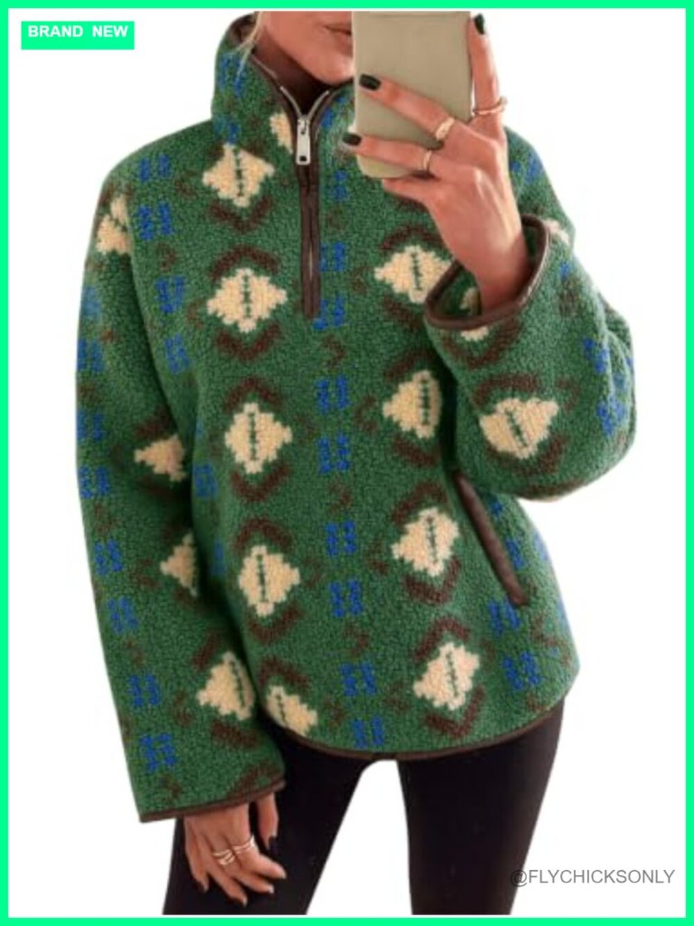 Sherpa Fleece Quarter Zip Pullover Sweatshirt Oversized Western Aztec